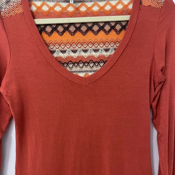 🟢Buckle BKE Rust Multicolored Aztec Crochet Lace Back Long Sleeve Shirt Size S - Picture 6 of 7